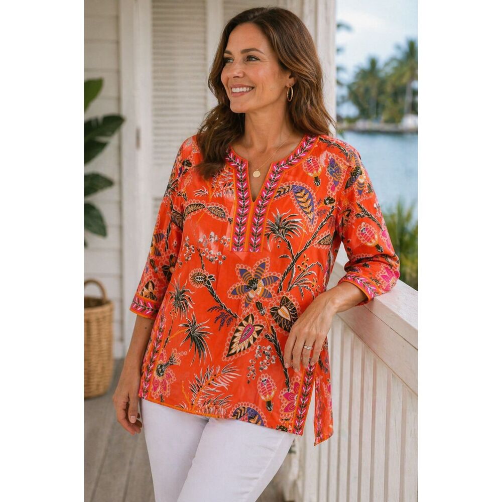 Gretchen Scott Orange Print Split Neck Tunic Cotton Top Coastal Preppy Resort XS